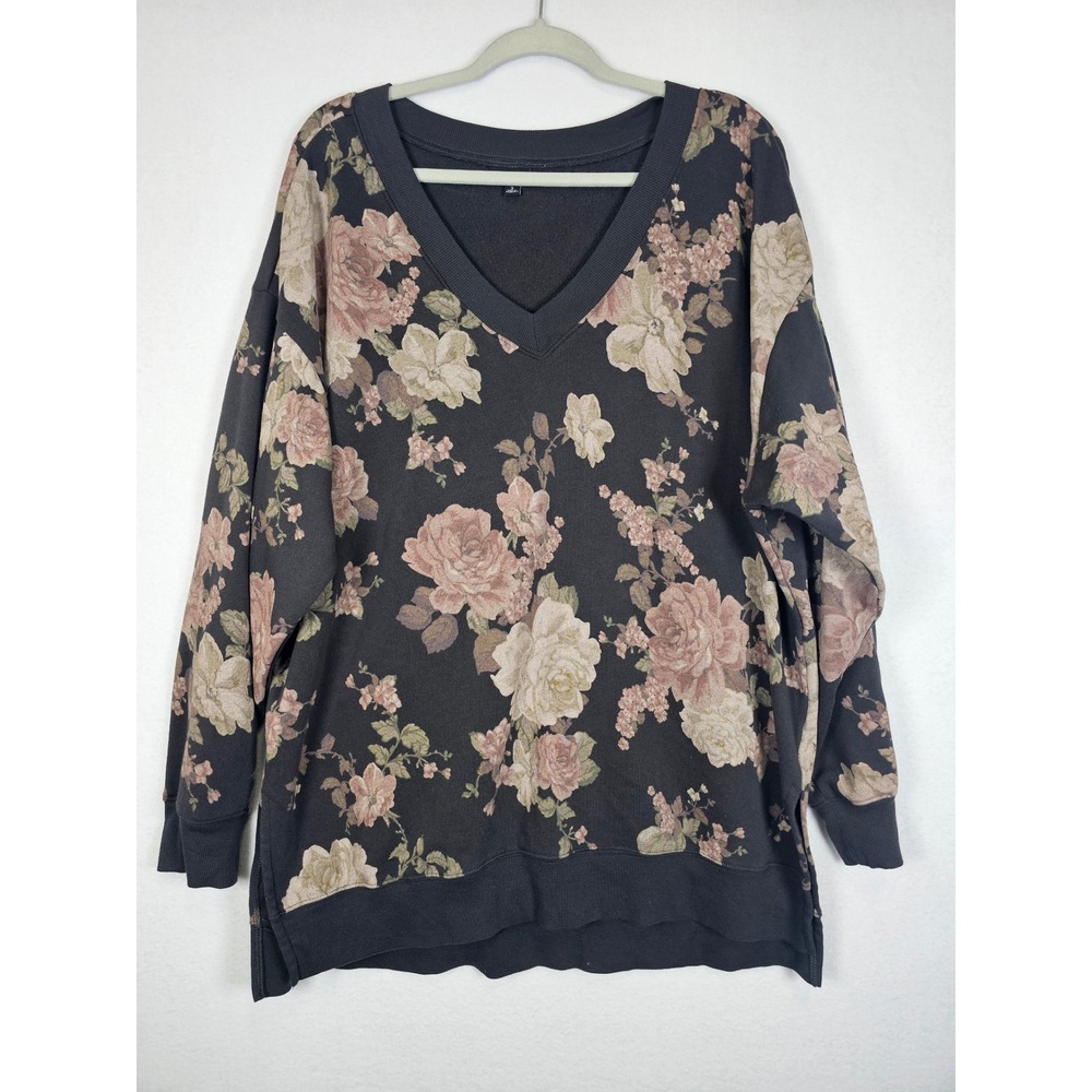 Cottagecore Torrid Floral V-Neck Sweatshirt Womens 2 Charcoal Pink Fleece Slits